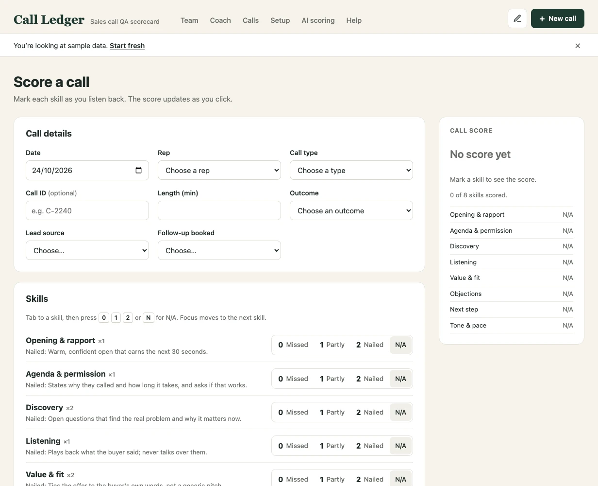 Score a call form: call details such as date, rep, call type, length, outcome and two custom fields, then each skill with 0 Missed, 1 Partly, 2 Nailed and N/A buttons, next to a live call score panel.