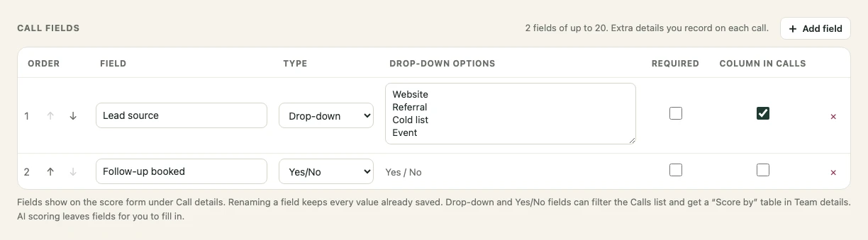 Call fields in Setup: a Lead source drop-down with Website, Referral, Cold list and Event, and a Follow-up booked yes/no field.
